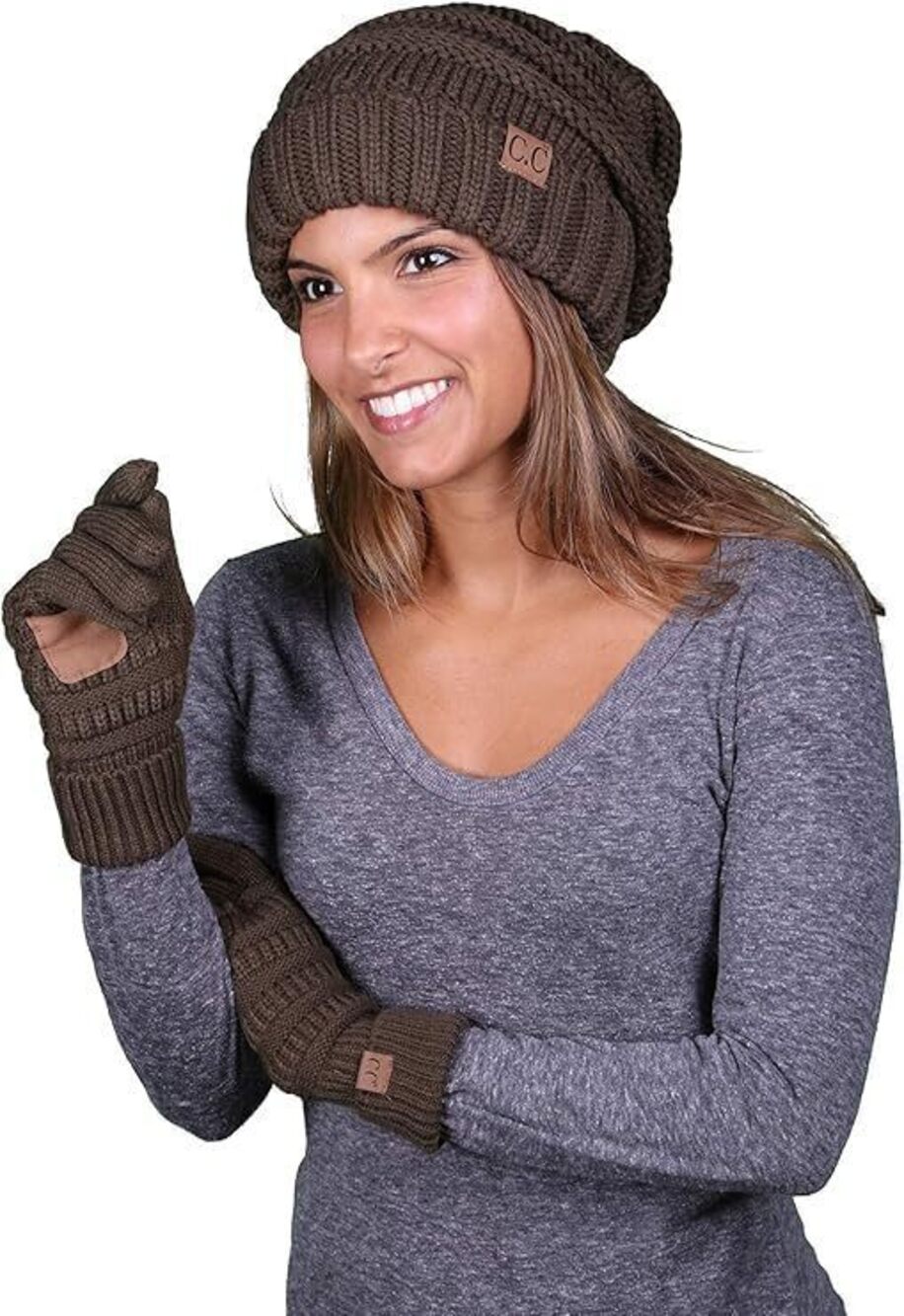 6540 Mtaching 2 Pack Knitted Lined Gloves & Slouchy Beanie - New Olive